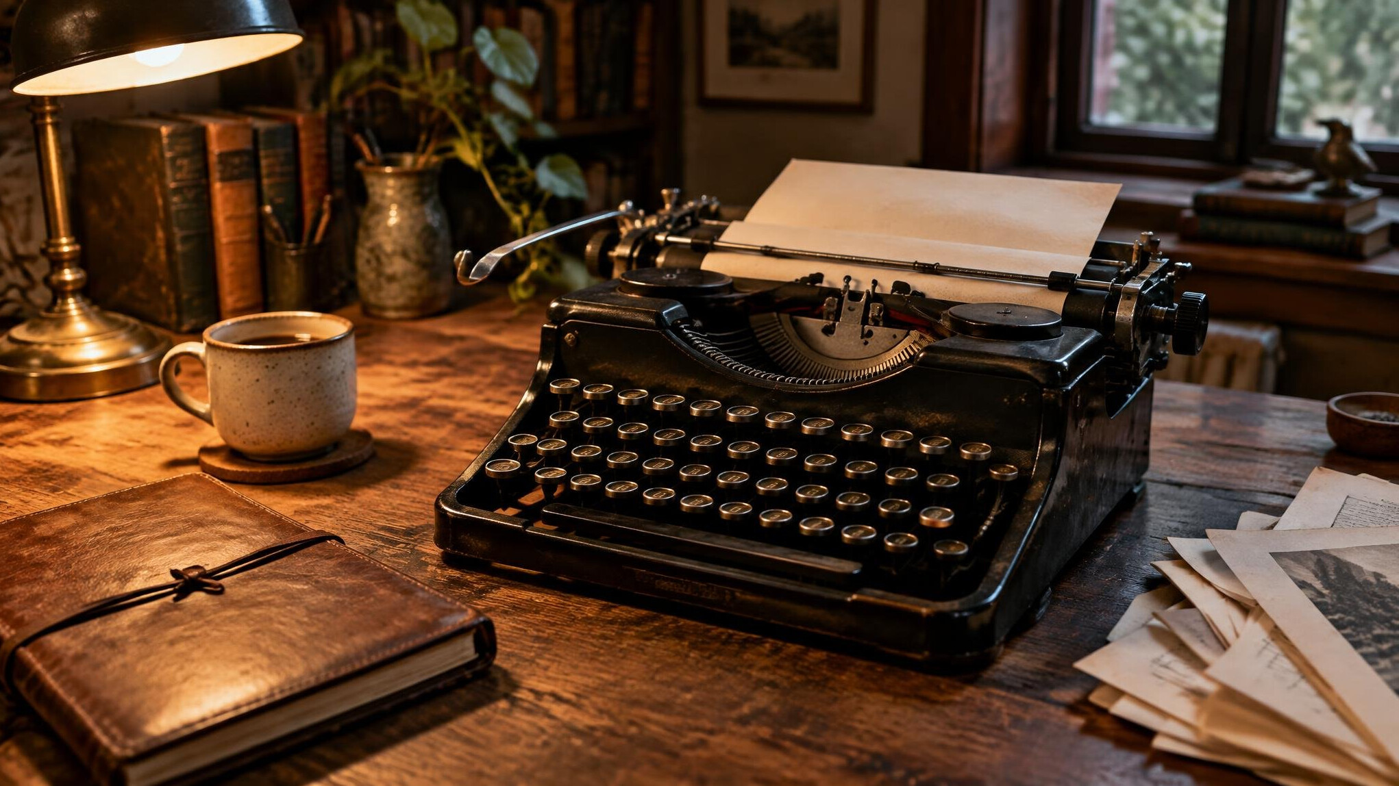 Vintage typewriter on a wooden desk with notebook and coffee cup