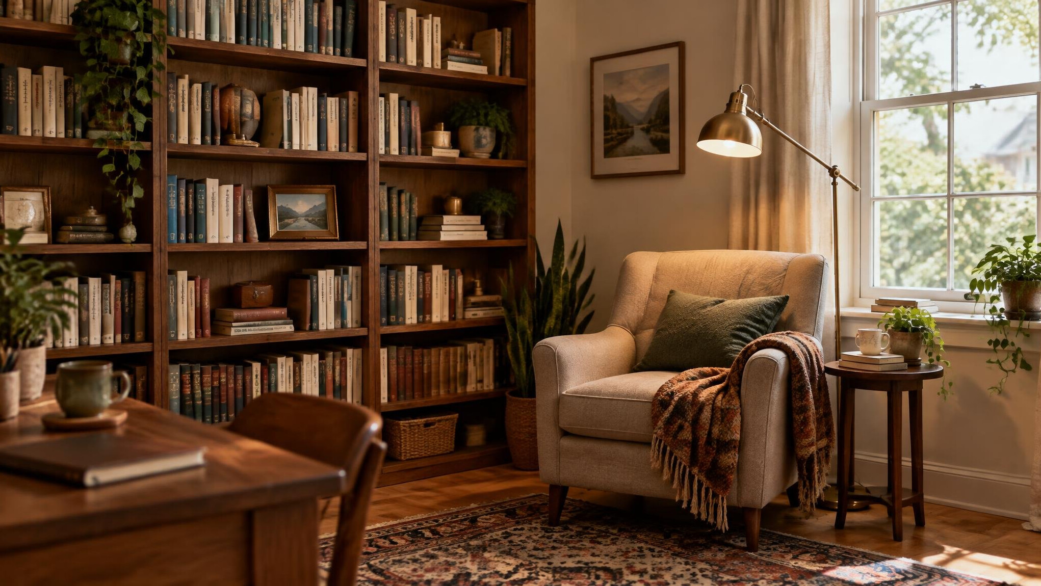 Cozy home office with a tall wooden bookshelf full of books