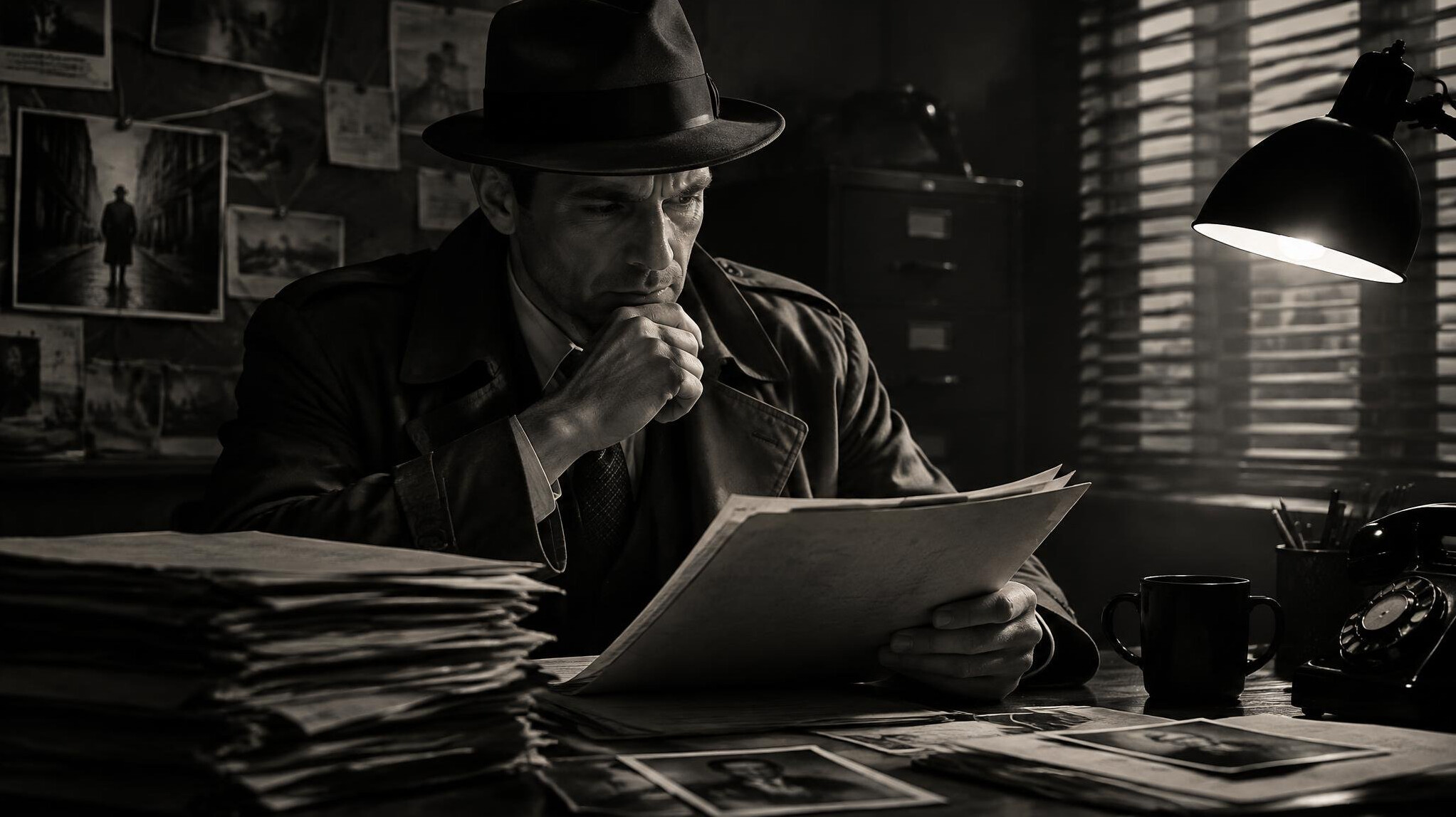 detective reading case files