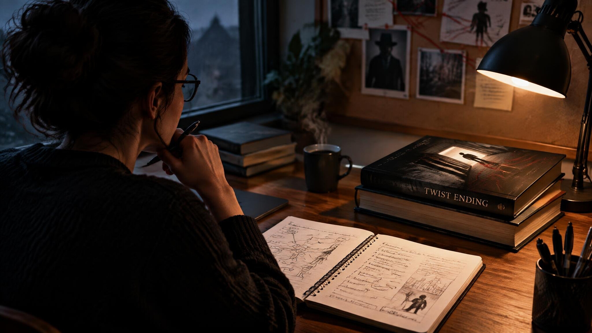 mystery writer at desk