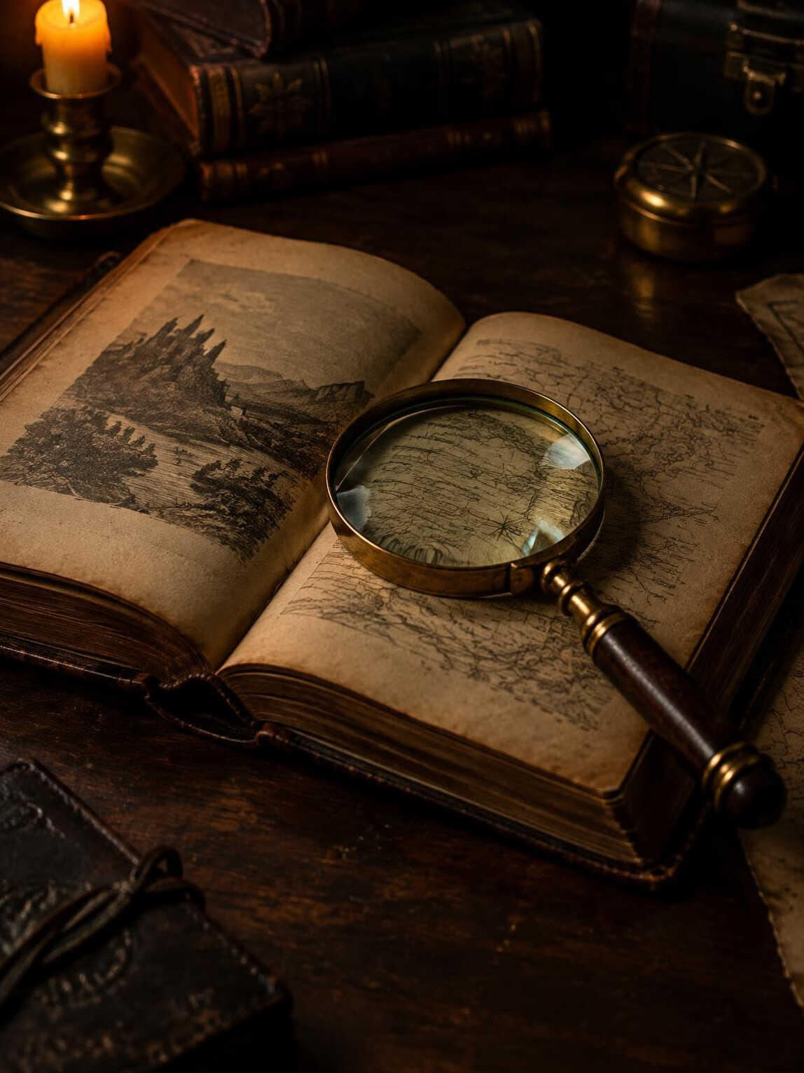 Open old leather-bound book with a magnifying glass on a dark wooden table