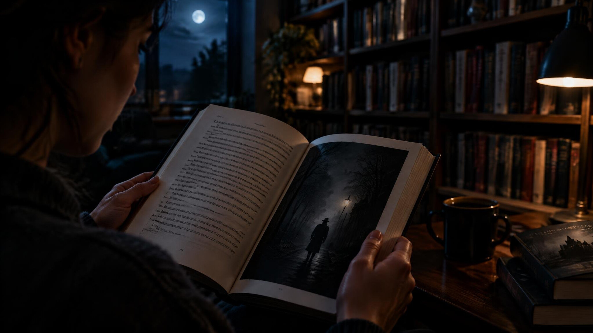 person reading book at night