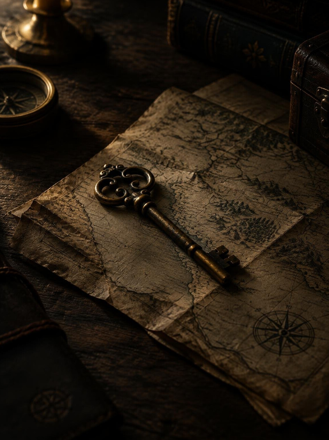 Antique brass key resting on a vintage paper map
